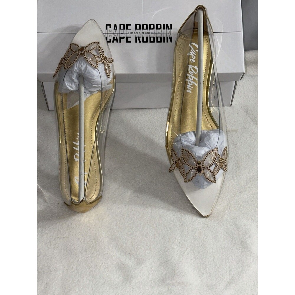 Cape Robbin Theresa Flats Sz 9 Gold Clear Pointed Toe Butterfly Rhinestone